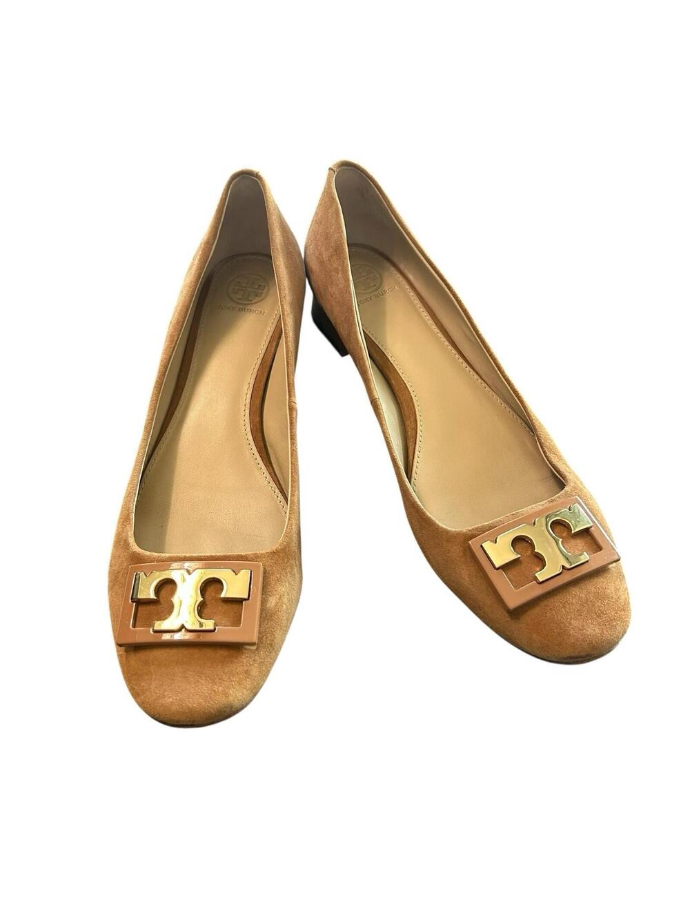 Tory Burch Gigi Suede Block Heel Pumps Tan Gold Logo Shoes Women’s 10M